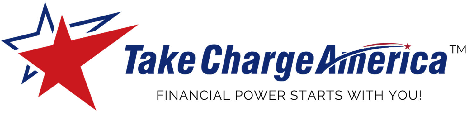 A logo with a bold red star and blue outline on the left, and the text "Take Charge America" in blue with a smaller red star above the letter "i."